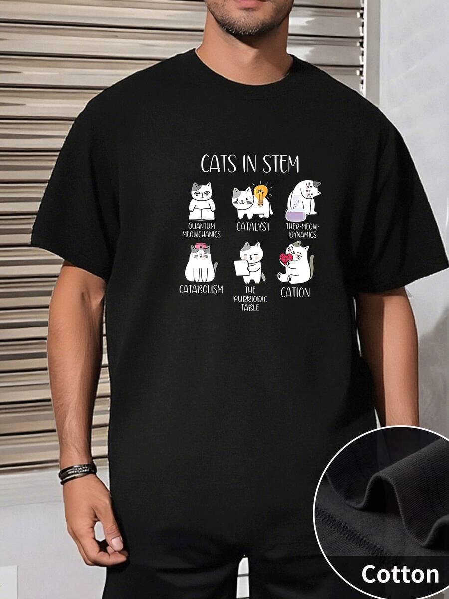 Inteligente Playera de Algodón para Hombre con Gatos en Ciencia, Diseño de "Cats in STEM" con Temas de Química, Física y Biología, Corte Clásico y Estilo Educativo Divertido, Ideal para Navidad y Regalos de Ciencia, Para Amantes de Gatos y Estudiantes, 220 g 100 % algodón, Cómoda, Ligera y Resistente, Producto Popular entre Nerd y Geek - Negro - Ver 1