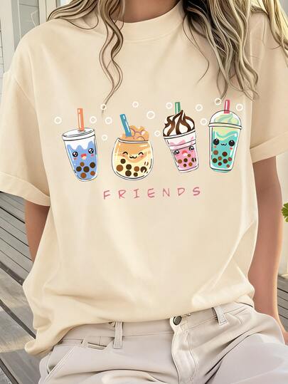 1PC Girls Sweet & Cute Bubble Tea Print Short Sleeve T - Shirt, Comfortable And Breathable, Summer Daily Casual Wear