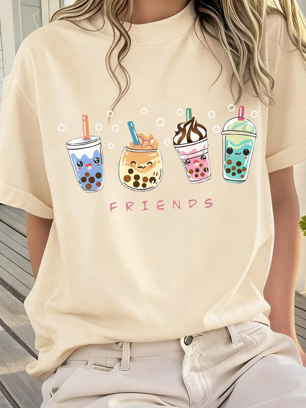 1PC Girls Sweet & Cute Bubble Tea Print Short Sleeve T - Shirt, Comfortable And Breathable, Summer Daily Casual Wear