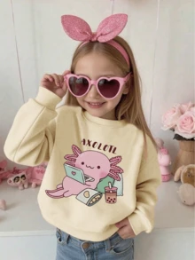 Tween Girl Cartoon Axolotl Print Crewneck Sweatshirt For Casual Comfy Fall And Winter Fashion Cute Clothes - Apricot - View 6