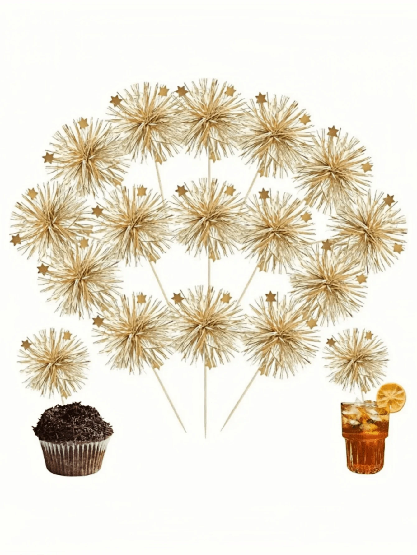 30pcs Gold Glitter Cupcake Toppers With Heart Cutout - Glitter Ribbon Cocktail Picks, Suitable For Birthday - Multicolor - View 1
