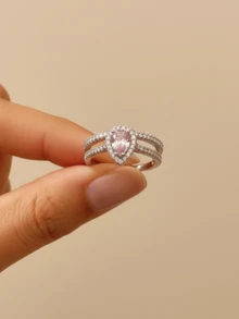 1件套925纯银立方氧化锆戒指套装，女士款 - 精致承诺戒指，结婚/订婚/周年纪念精美珠宝，理想礼物 - 銀色 - 查看 2