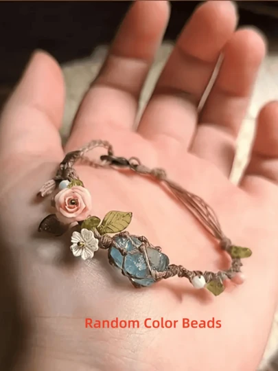 Pulsera boho hecha a mano con flores - Cuentas de colores aleatorios, piedras preciosas naturales y piedra de nacimiento de abril, decoración de océano azul claro soñador con rosa rosa, margarita blanca y hojas verdes, adecuada para uso diario, regalo de fiesta, Día de San Valentín, tamaño ligeramente pequeño