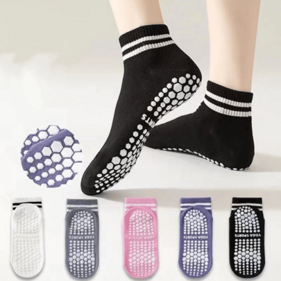 5pairs/Women's Grip Socks, Non-Slip Pilates Yoga Socks Double Stripe Non-Slip Socks Exercise, Ballet, Sport Socks, Mid-Tube Socks