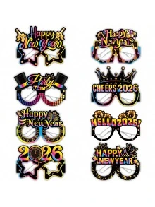 4/12/24 件新年快乐纸质眼镜派对装饰，2026 年除夕夜拍照道具眼镜，适用于新年派对装饰物品，除夕夜派对用品，新年派对眼镜 2026 - 黑色 - 查看 2