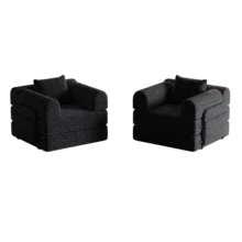 Sofá Cama Chenille 2 en 1 con Almacenamiento en el Reposabrazos, Tres Estructuras Metálicas y Múltiples Opciones de Configuración. Conjunto de Dos Piezas - Negro + Chenilla + 2 Asientos - Ver 5