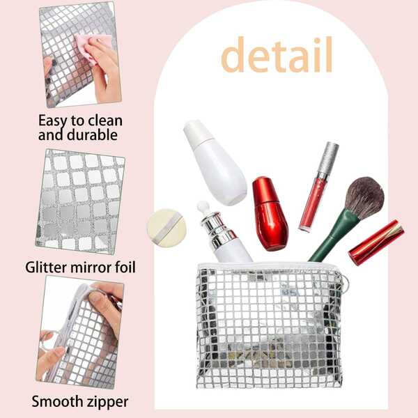 1 pieza Bolsa de maquillaje de discoteca, Caja de almacenamiento de maquillaje con espejo de purpurina portátil con cremallera, Adecuado para regalos de despedida de soltera, regalos de Año Nuevo, decoración de la sala de maquillaje, bolsa de maquillaje, artículo de viaje esencial