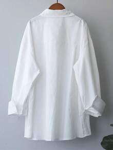 Women's Solid Color Drop Shoulder Long Sleeve Casual Button Front Collared Shirt - White - View 2