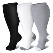 3 Pairs Of Black/White/Grey (With Heel) Plus Size Compression Socks, Extra Large Over-The-Knee Support Circulation Socks, Wide Small Calf Sports Pressure Socks Over The Knee - 三件裝 - 黑/白/灰(鞋跟) - 查看 12