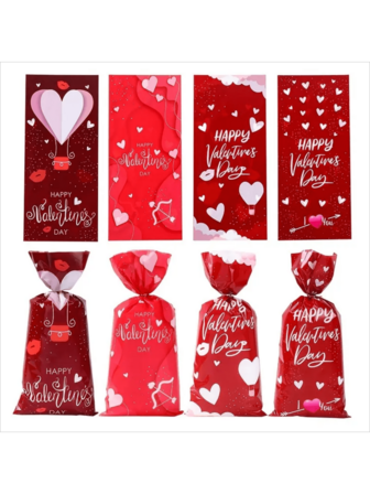 50 stuks snoepzakjes voor Valentijnsdag, plastic cadeauzakjes voor eenmalig gebruik met cartoonhartpatroon, fantasiethema-feestgunstverpakking geschikt voor bruiloften, Valentijnsdag, feestdagen, cadeauzakjesdecoratie