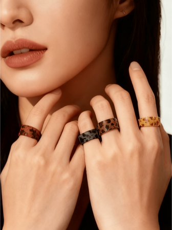 4pcs/Set Acrylic Leopard Print Flower Shaped Ring Set, Suitable For Women For Daily Wear, Music Festivals, Christmas, New Year And More Occasions