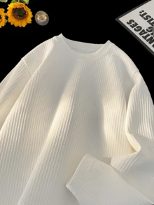 1pc Men's V-Neck Ribbed Knit Sweater Long Sleeve T-Shirt, Knitted Fabric, Casual Style, Elegant Old Money Vibe, Textured Fabric With Comfortable Drape, Pill-Resistant And Non-Deforming, Minimalist Design With Hidden Details - White - View 7