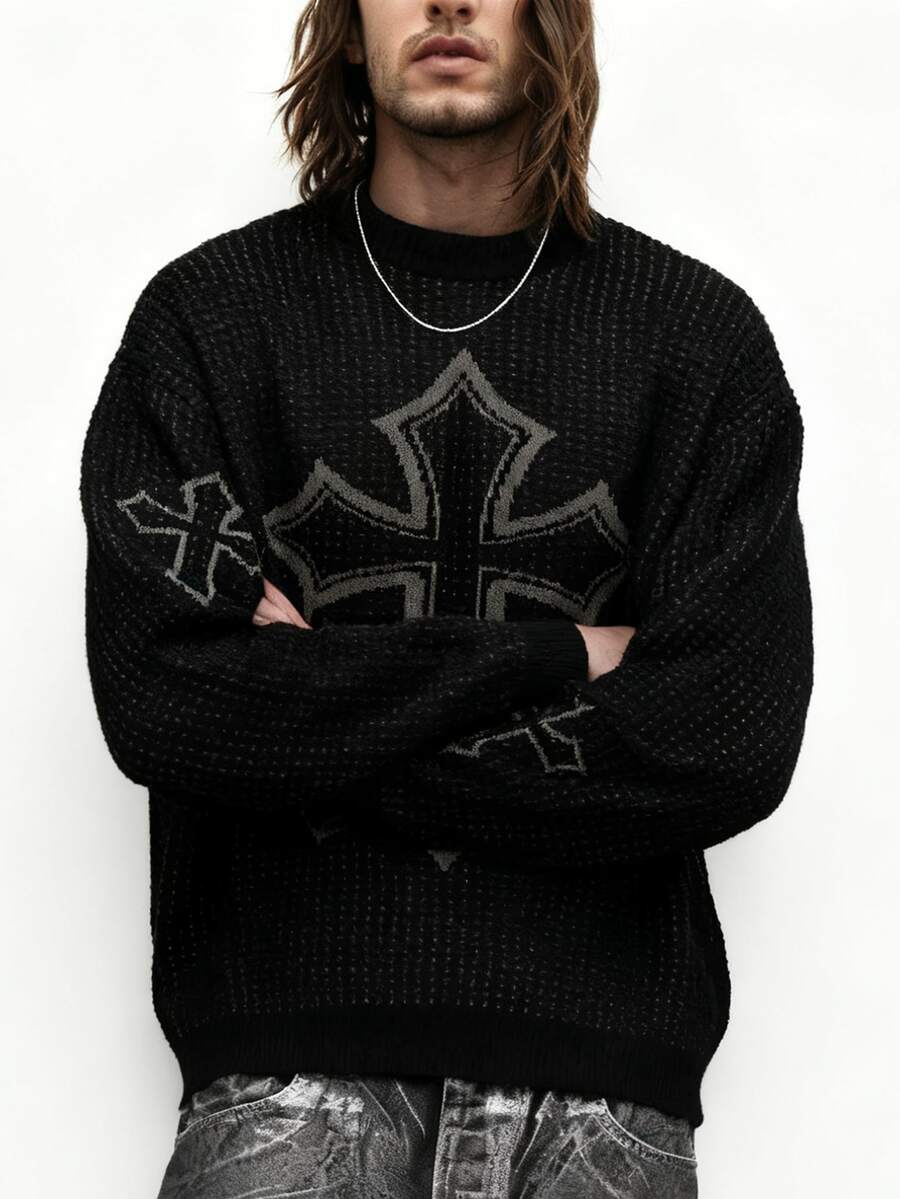 Men's Grunge Dark Aesthetic Black & White Cross Sweater - Edgy Textured Crochet Top For Men