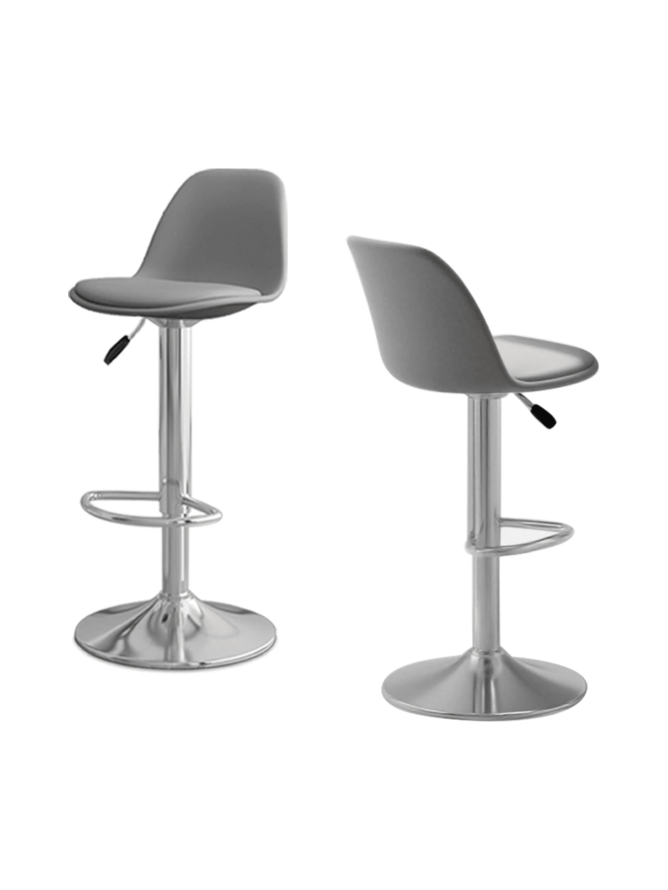 Conjunto de 2 sillas de bar giratorias ergonómicas de estilo moderno y minimalista. Giratorias 360° + ajuste de altura de la silla por elevación hidráulica (83 - 104 cm). Respaldo medio (24 cm de altura) + reposapiés de metal. Base de metal cromado + cuerpo de la silla de 100% polipropileno. Resistente y duradera, soporta una carga de 100 kg. Adecuadas para bares / zonas de desayuno / restaurantes. Cuatro colores disponibles: rosa, blanco, negro y gris. - Gris - Ver 1