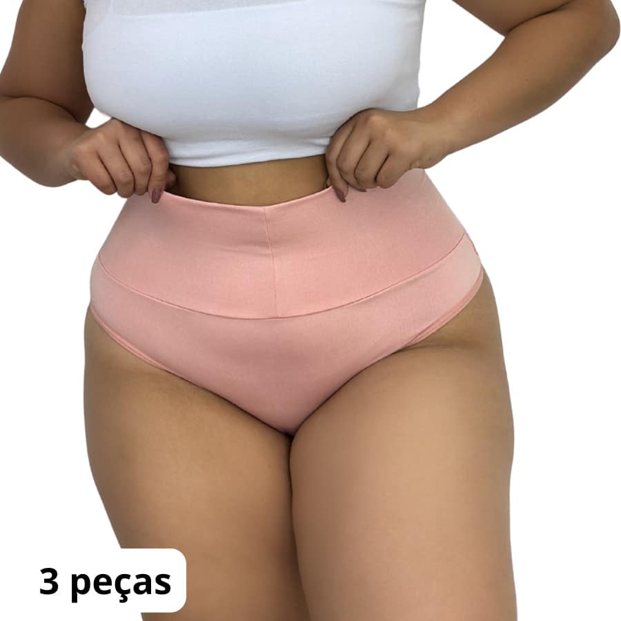 KIT 3 Calcinhas Plus Size Cos Alto Duplo Segura Barriga Pos Operatório Cintura Alta Conforto Lingerie - Rosa Bebê - Visão 1