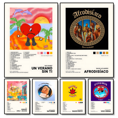 1 pieza/3 piezas Cuadros/Pósteres con opción de marco, estilo nórdico vintage, póster del rapero Quevedo, estética, póster de Mora, Feid, Eladio Carrión, Rauw Alejandro, Impresión en lienzo de álbum musical para decoración de la habitación