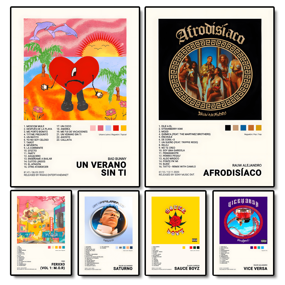 1 pieza/3 piezas Cuadros/Pósteres con opción de marco, estilo nórdico vintage, póster del rapero Quevedo, estética, póster de Mora, Feid, Eladio Carrión, Rauw Alejandro, Impresión en lienzo de álbum musical para decoración de la habitación