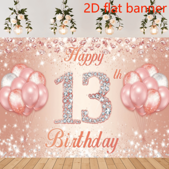 2D Flat Banner Rose Golden 13th Birthday Vinyl Banner - Indoor/Outdoor Party Decoration With Pink Balloons Design For Teen Birthday Celebrations, Photo Booth Props - All Seasons Garden Decor