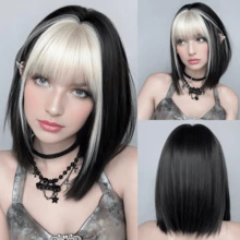 PIAOYUN Peluca de dos tonos plateado y negro para mujeres, de longitud hasta los hombros, recta con flequillo, de fibra sintética resistente al calor, hermosa y esponjosa, para uso diario, fiestas, cosplay, regalos de cumpleaños para principiantes, 16 pulgadas - Flequillo teñido
