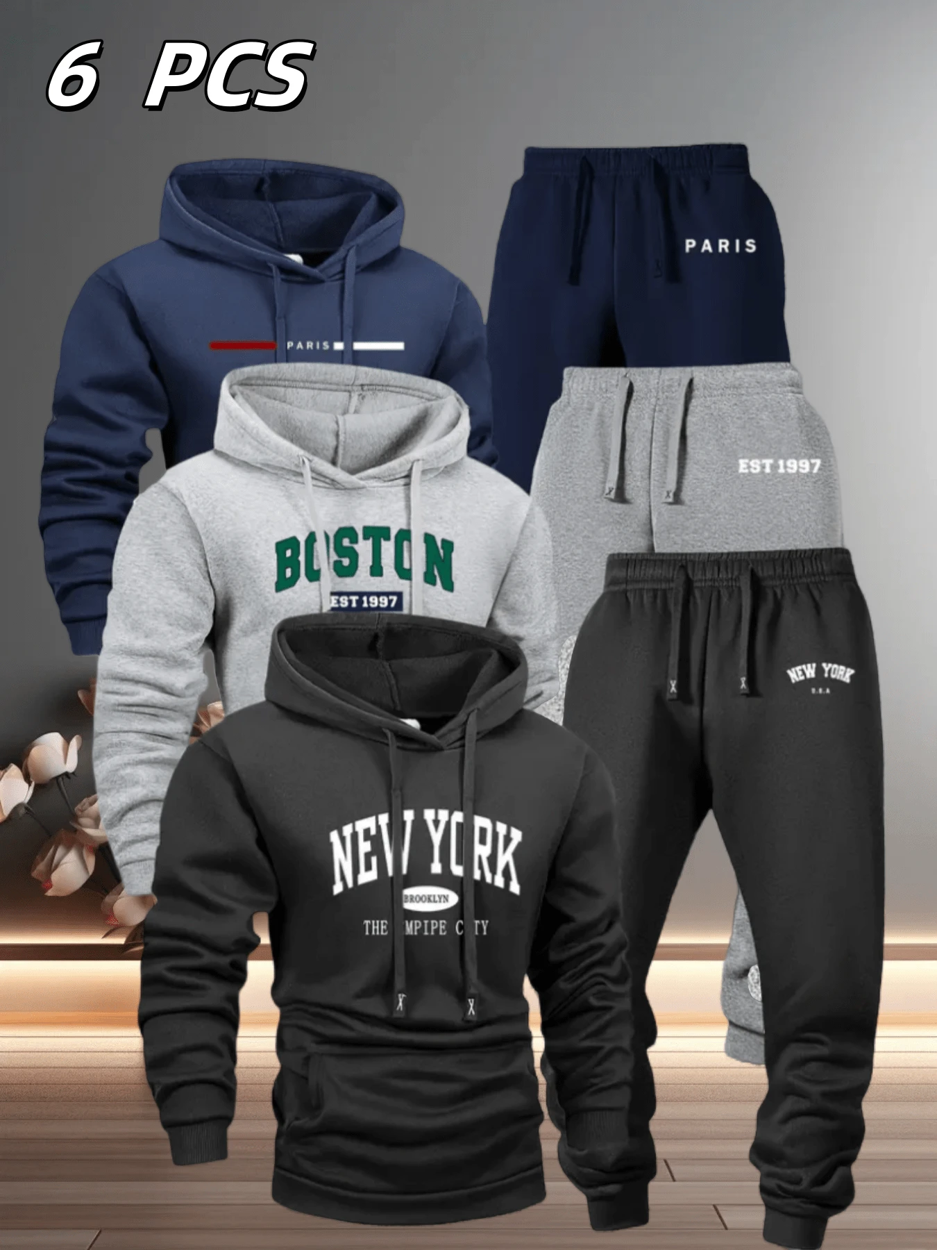 [6-Piece Set] Men's Casual Sports Hooded Sweatshirt Set, Long-Sleeved Hooded Sweatshirt With Drawstring Trousers, Knitted Fabric, Regular Version, Letter Print Design, Suitable For Outdoor Daily Wear - 彩色 - 查看 1