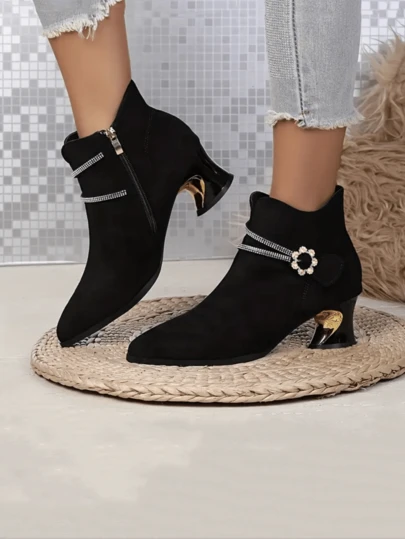 Fashionable Women's Ankle Boots For Autumn/Winter, Elegant High Heel Boots Comfortable Low Heel Warm Ankle Boots Pointed Toe High Heel Shoes With Rhinestone & Metal Buckle Decor, Suitable For Banquet, Daily Wear