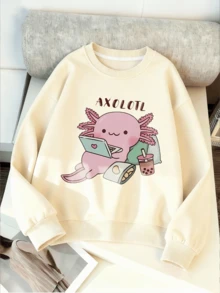 Tween Girl Cartoon Axolotl Print Crewneck Sweatshirt For Casual Comfy Fall And Winter Fashion Cute Clothes - Apricot - View 1