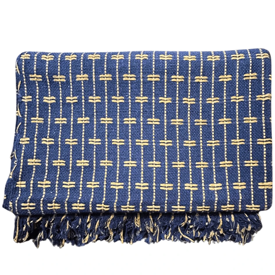 Sofa Throw Blanket, Brick Pattern, 2.20 X 1.60 Meters, Large Size, Sofa Cover Type, Cotton. - Navy Blue With Caramel - View 1