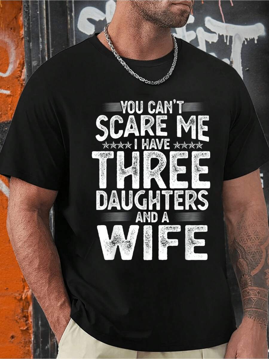 Camiseta estampada de cuello redondo y manga corta con texto You Can't Scare Me, humorística y para padres - Negro - Ver 1