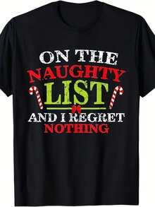 Camiseta estampada de cuello redondo y manga corta, frase On the Naughty List and I Regret Nothing con bastones de caramelo, dise?o navide?o rebelde - Negro - Ver 1