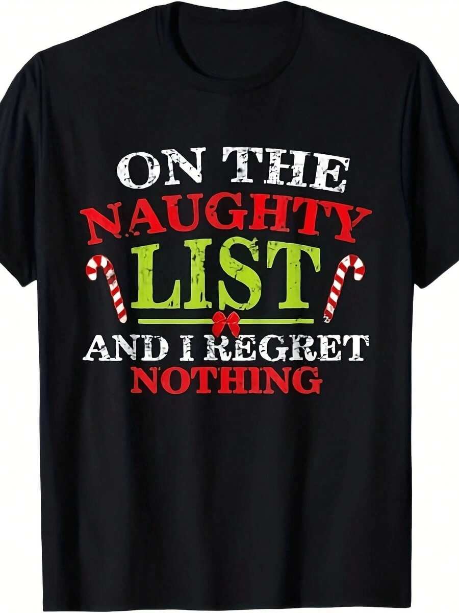 Camiseta estampada de cuello redondo y manga corta, frase On the Naughty List and I Regret Nothing con bastones de caramelo, dise?o navide?o rebelde - Negro - Ver 1