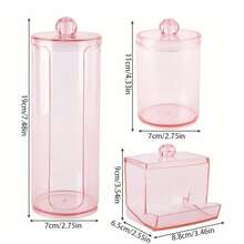 3pcs/Set Clear Pink Plastic Qtip Holder Dispenser | Apothecary Jar Containers Bathroom Accessories Set Storage Box Organizer For Swab, Ball, Pads, Floss, Canisters