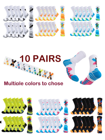 10 Pairs Unisex Basketball Socks, Multi-Color Options With Cushion, Sports Socks For Running And Training