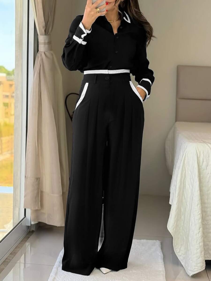 两件套女士春秋季优雅黑白撞色衬衫搭配高腰阔腿裤，简约时尚，适合日常和办公穿着。 - 黑色 - 查看 1