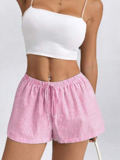 Short Feminino Listrado Grécia Casual Confortável Elegante Tendencia Verão   Nó  Cordão  Bolso Férias  Praia