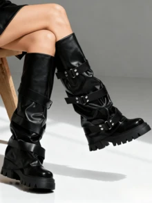 Punk Women's Combat Boots Knee High Round Toe Straps Pull On Wide Calf Pleated Loose Thick Sole Motorcycle Boots Outdoors Cosplay Dressy Slouchy Long Boots - 黑色 - 查看 6