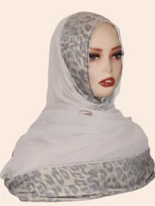 1pc Women Hijab Fashion Sequin Patchwork Leopard Print Scarf, Decorated With -Style Rhinestones, High-End Long Shawl, Suitable For Abaya For Dress