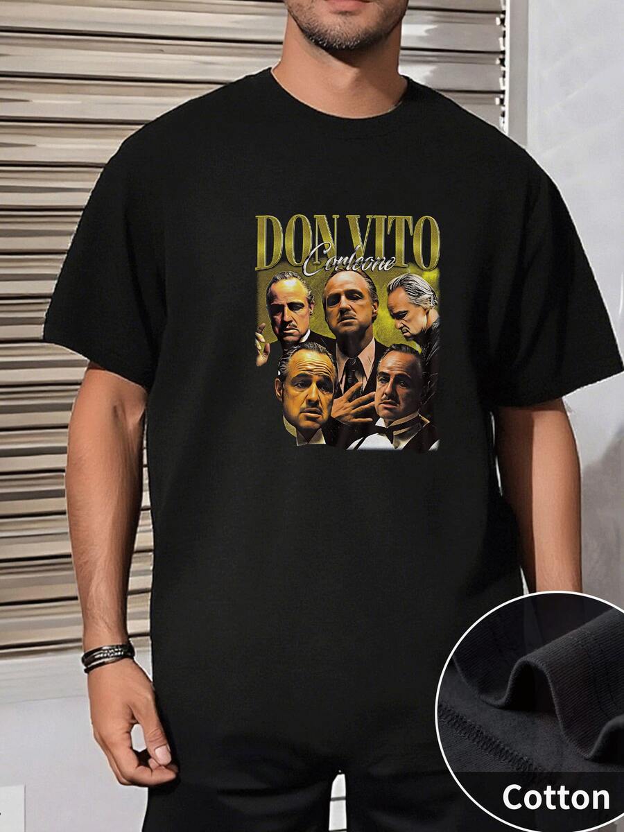 Estilo Clásico Camiseta de Manga Corta para Hombre con Estampado de Don Vito Corleone, Collage de Caras Iconicas, Diseño de Cuello Redondo y Elegante, Ideal para Fans de Películas de Acción, Para Hombres con Estilo Masculino, 220 g 100 % algodón, Transpirable y de Larga Duración - Negro - Ver 1
