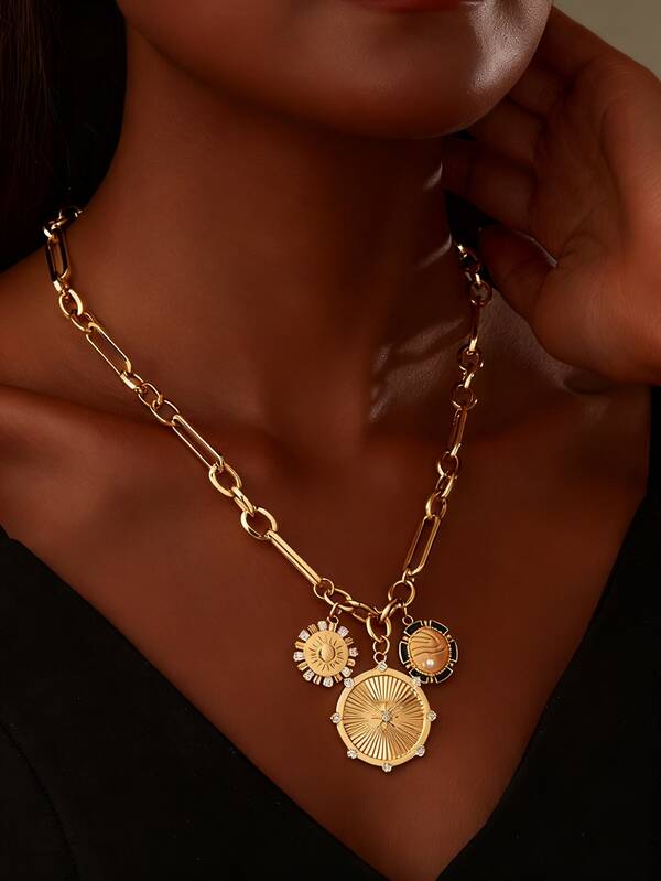 1 Piece Sun Mountain River Landscape Coin Pendant Necklace For Women,14K Gold Chunky Paperclip Charm Hip Hop Choker Necklace Jewelry Gift For Wedding/Anniversary/Mother's Day/Valentin's Day/Christmas Day