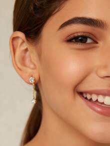 Artepollo 925纯银锆石耳钉，简约14K镀金锆石耳环，低过敏性，不褪色，轻盈，日常佩戴，礼盒包装，生日礼物，家庭聚会礼物 - 均碼 - 查看 2