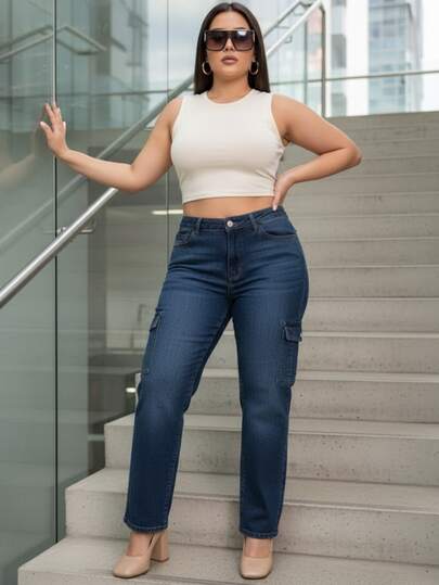 Jeans Cargo Curvy de Talla Grande para Mujer: Mezclilla Negra Sólida, Tiro Alto, Corte Recto Holgado y Moderno con Bolsillos Laterales Funcionales, Estilo Urbano a la Moda, Mezclilla de Alta Calidad y Durabilidad, Cómodos, Transpirables.