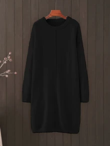 Plus Size Casual Solid Color Round Neck Loose Knit Sweater Dress, Autumn/Winter Black - Black - View 1