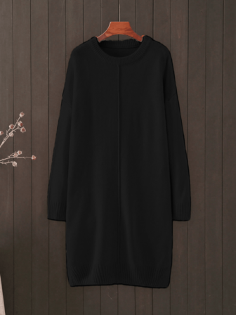 大码休闲纯色圆领宽松针织毛衣连衣裙，秋冬黑色