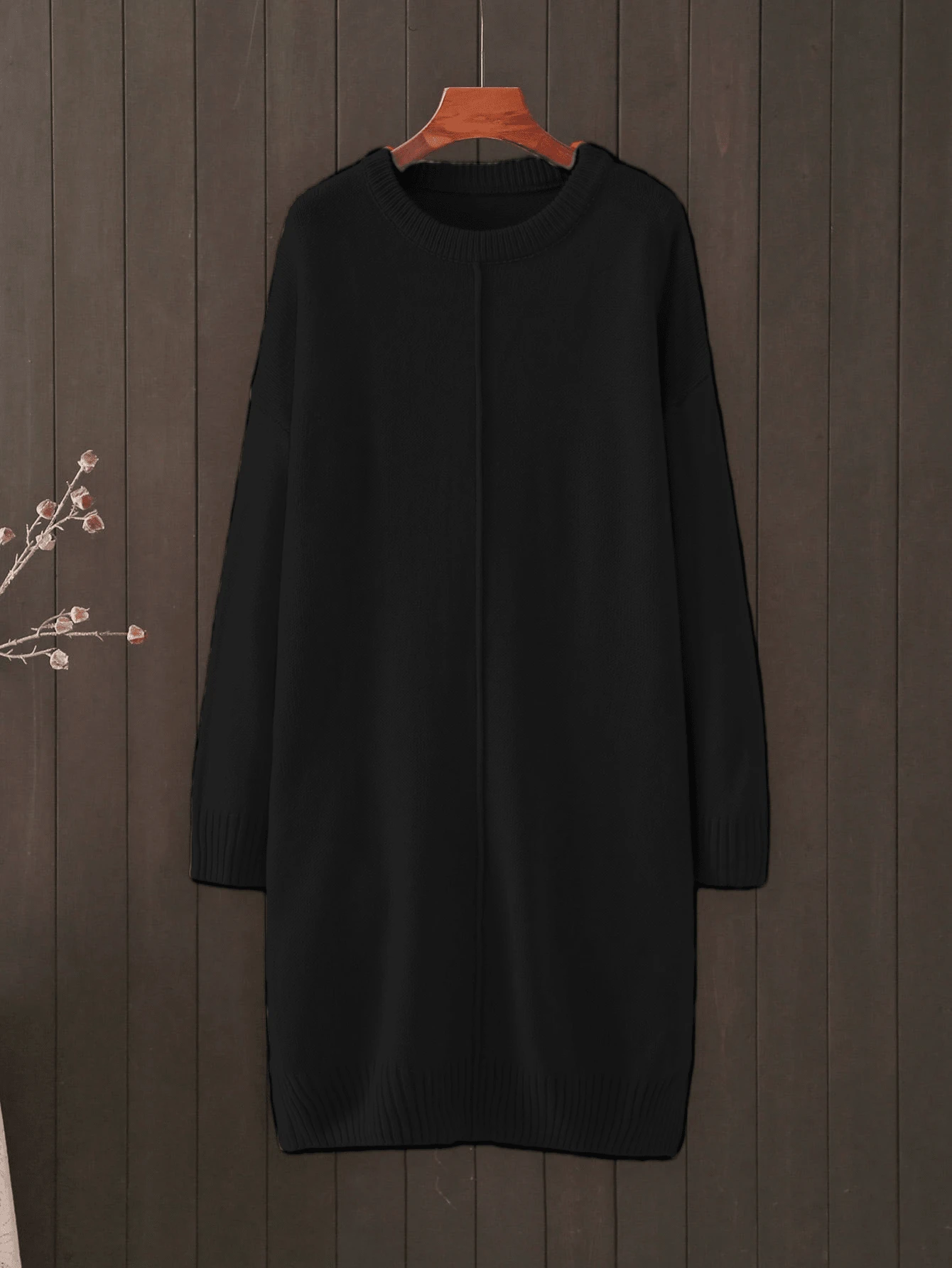 Plus Size Casual Solid Color Round Neck Loose Knit Sweater Dress, Autumn/Winter Black - Black - View 1