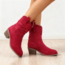 Women's Pointed Toe Mid-Calf Boots, Embroidered Suede Thick Heel Boots Pull-On Embroidered Brown Western Style Boots, Round Toe Mid-Calf Casual Riding Boots, Fashionable And Versatile Short-Barrel Cowboy Boots, New Autumn And Winter Styles - Đỏ - Xem 4