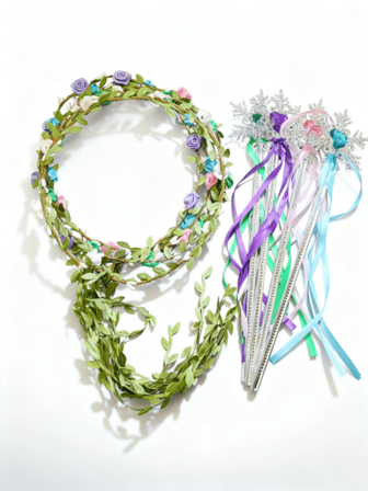 1 Set Headband With Flower Wreath, Snowflake Ribbon, Magic Wand Prop Set (Suitable For Festivals, Performances, Parties, Weddings, Decorations)