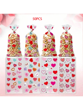 50 Stücke Valentinstag Süßigkeitentüten, Einweg-Plastiktüten mit Cartoon-Herzmuster, Fantasy-Themen Party Gastgeschenk Verpackung geeignet für Hochzeiten, Valentinstag, Feiertage, Geschenktüten Dekoration