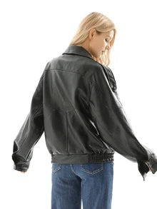 女式2025秋季新款复古美式坏女孩风格PU皮革立领厚重设计夹克外套 - 黑色 - 查看 4