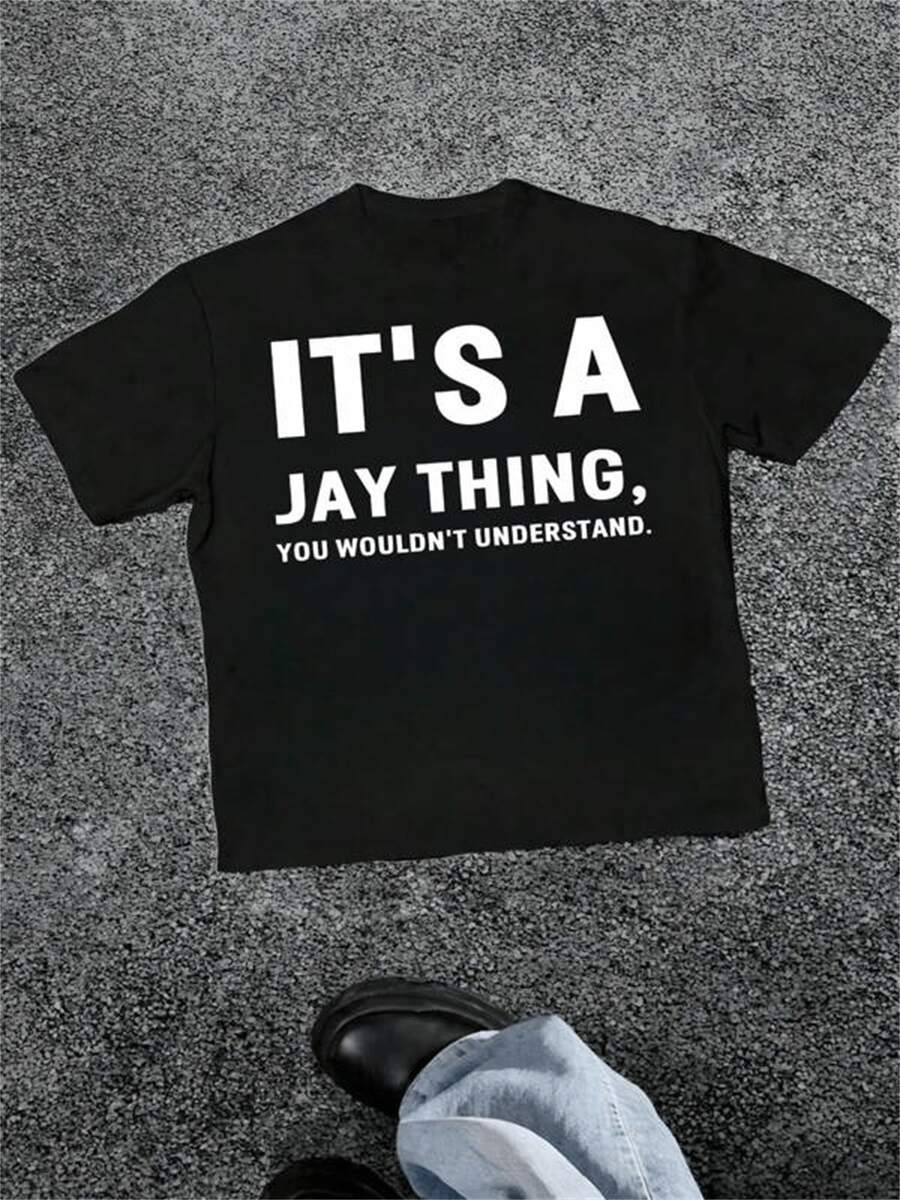 Camiseta estampada de cuello redondo y manga corta con texto "It's A Jay Thing, You Wouldn't Understand.", minimalista y exclusiva - Negro - Ver 1