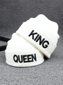 2pcs Unisex Black Knit Beanies With "Queen" And "King" Embroidery, Ear Protection, Street Style, Couple Outfit For Valentine's Day, Spring/Winter - Multicolor - View 7