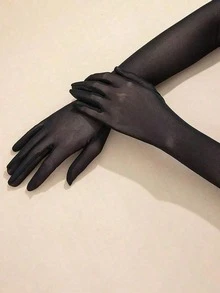 2PCS Black Gloves Opera Gloves Women's Goth Tulle Extra Long Gloves, Black Elastic Lace Mesh, Semi Transparent Opera Halloween Dinner Gloves Solid Elegant Bridal Gloves For Wedding Part Halloween Accessories Winter Glovesy2k Wedding - 黑色 - 查看 4